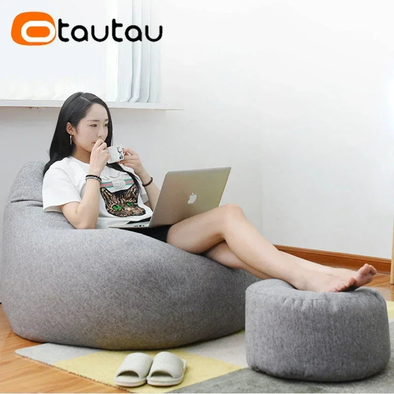 OTAUTAU Puf de lino con relleno Puf otomano reposapiés Tatami Taburete redondo Futón Puff Muebles de descanso