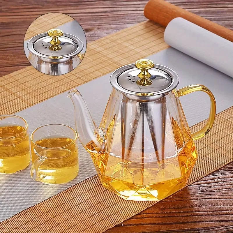 JUSTINLAU Tetera de vidrio resistente al calor, borosilicato transparente, teteras con infusor de acero inoxidable extraíble, juego de utensilios para té