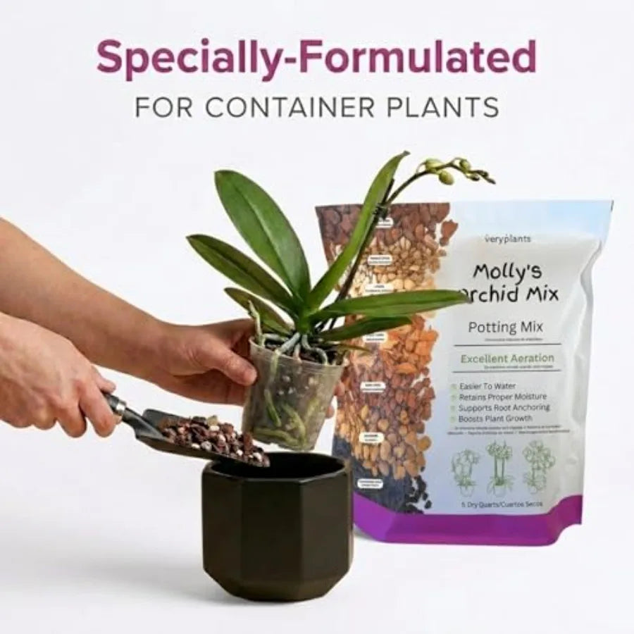 Mezcla de orquídeas Molly's - Sustrato premium para orquídeas sin tierra - Drenaje elevado y grumoso vs. tierra para macetas estándar para plantas de interior