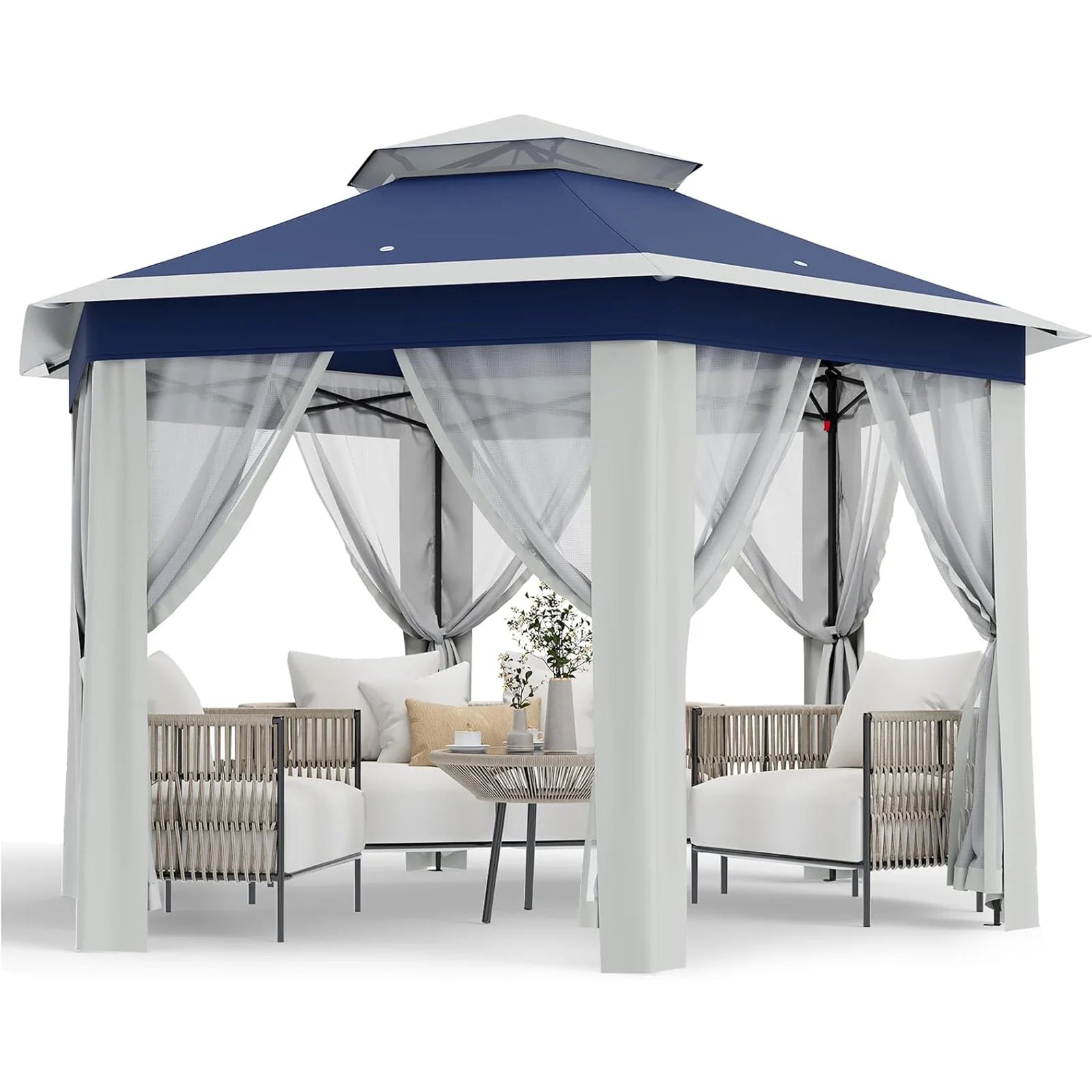 Cenador desplegable de 13x13 pies, tienda de campaña exterior con mosquitera, techo doble, toldo resistente para patio, jardín.
