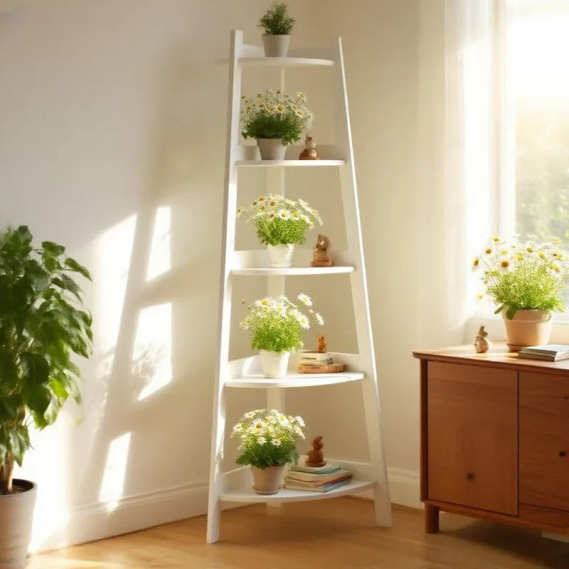Soporte para plantas tipo escalera, estantería para plantas, balcón esquinero, interior, exterior, que ahorra espacio, moderno, nórdico, de madera y metal, muebles para macetas