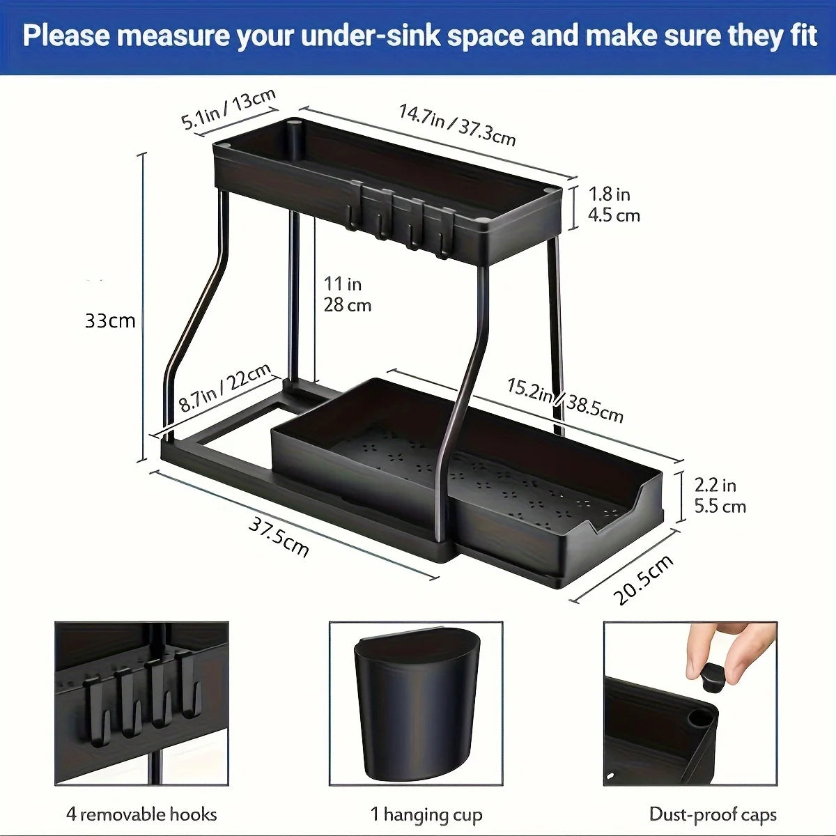 Organizador de dos niveles para debajo del fregadero que ahorra espacio, caja de almacenamiento extraíble, organizador de cajones esencial para cocina y baño, duradero y de gran capacidad