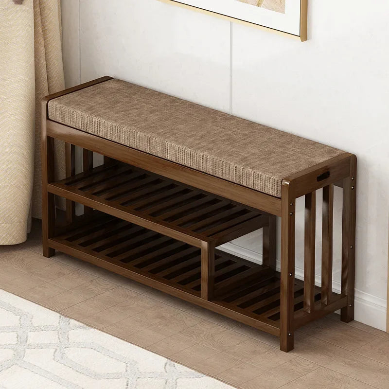 Taburete para cambio de zapatos, banco de entrada para el hogar, taburete de zapatos de madera maciza, zapatero de almacenamiento, banco simple, taburete de sofá con bolsa blanda