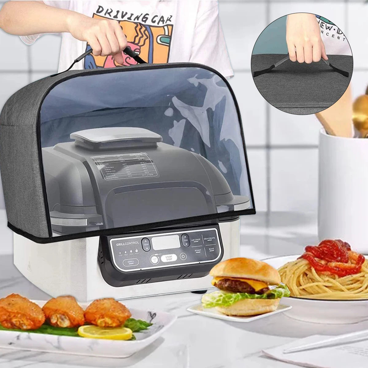 Cubierta para Freidora de Aire Ninja Foodi Grill, Tapa Antipolvo Duradera para Cocina con Bolsillos de Almacenamiento, Funda Impermeable para Asador Tostador Doméstico