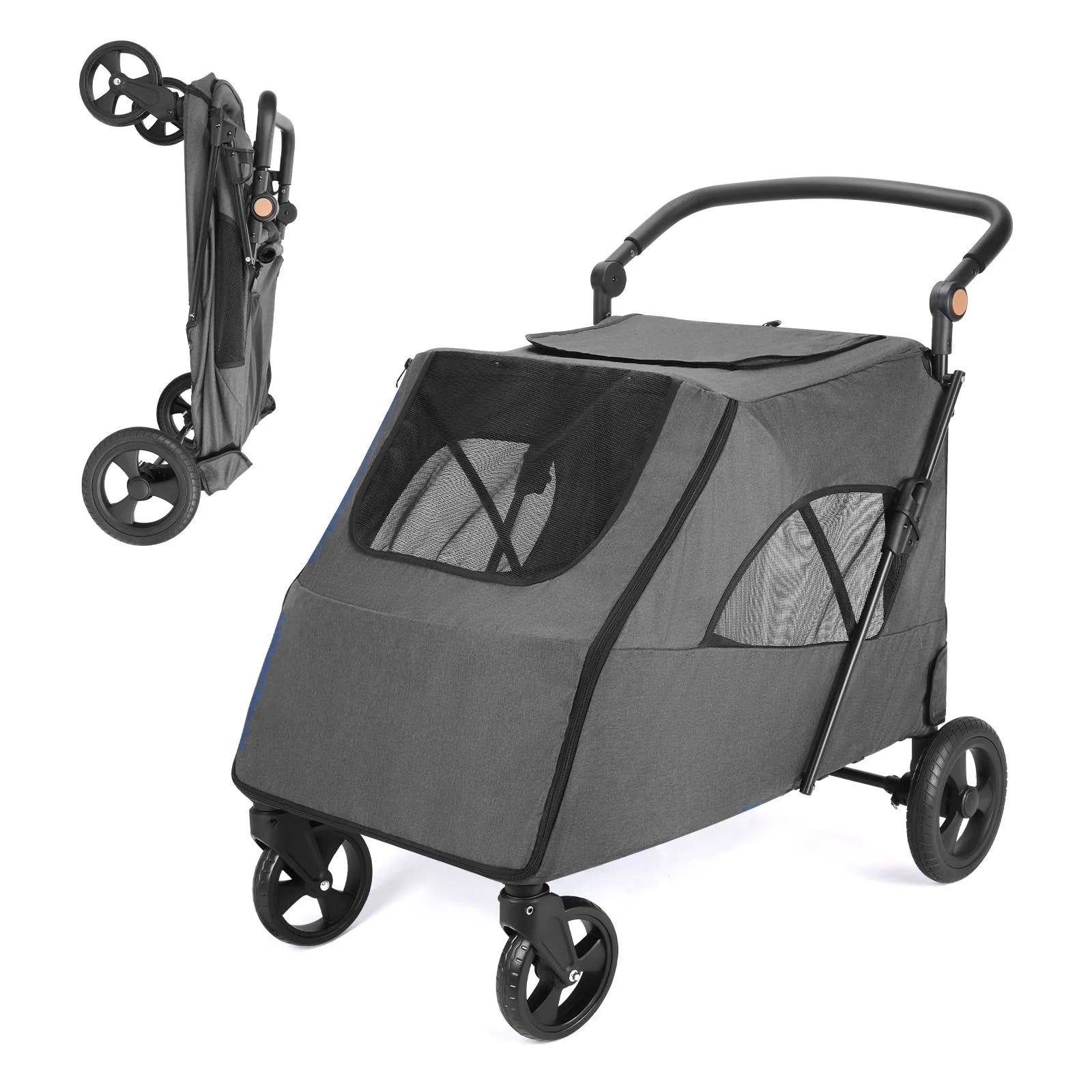 Cochecito para mascotas grandes, hasta 30 kg, manillar ajustable, silla de paseo plegable para perros, almacenamiento XXL, cochecito doble para gatos