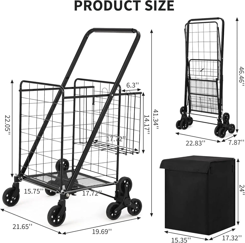 Carro utilitario plegable portátil para subir escaleras, carrito de compras con ruedas traseras triples y ruedas giratorias 360° para compras