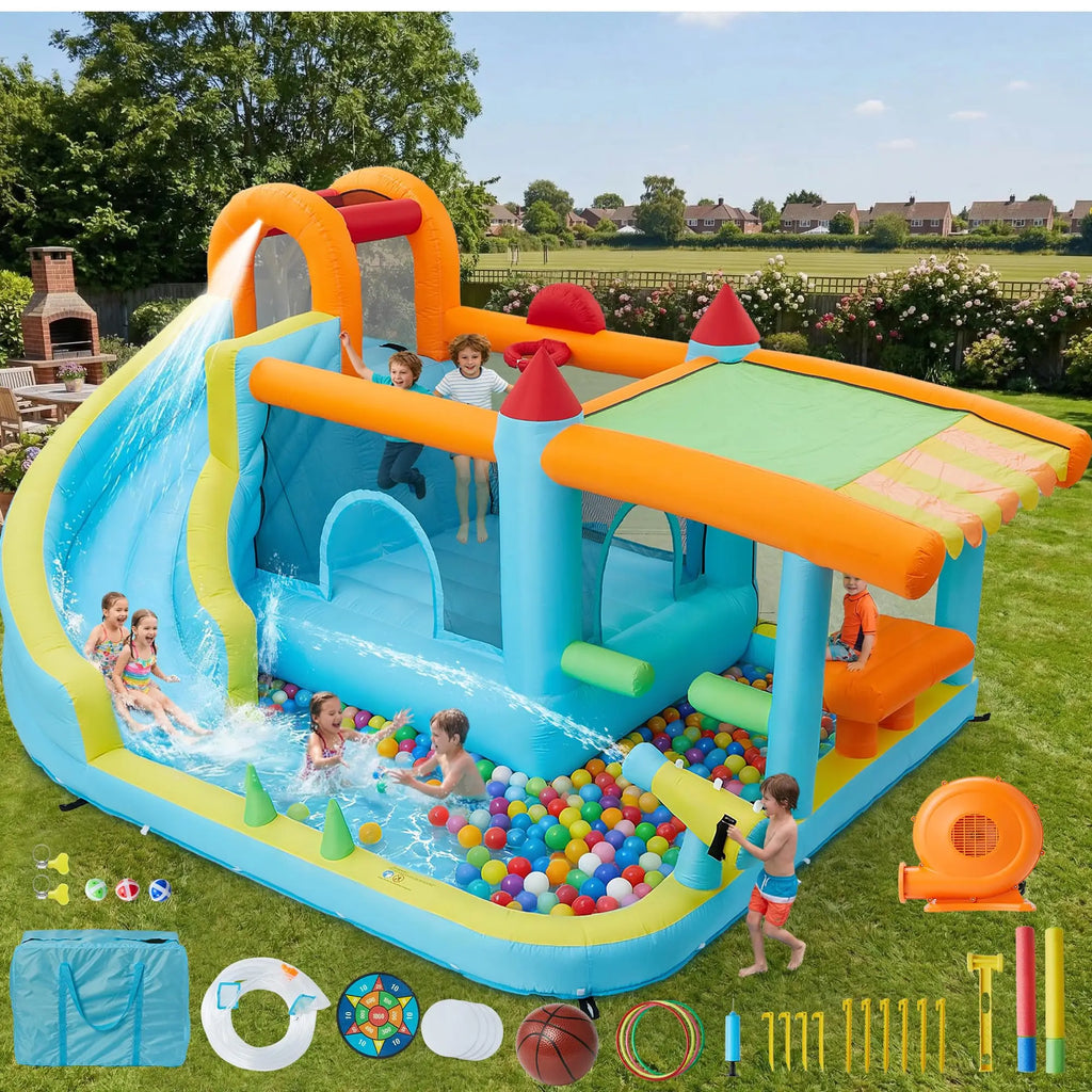Castillo inflable de 14x10 pies, tobogán acuático húmedo y seco 12 en 1 con soplador de 450 W, castillo hinchable para niños para interior, exterior y jardín