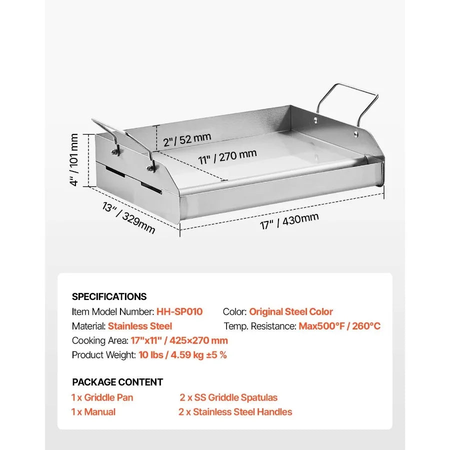 Plancha de acero inoxidable de 43x33 cm, placa rectangular universal de superficie plana para parrilla de gas, barbacoa, teppanyaki, utensilios de cocina portátiles con asa