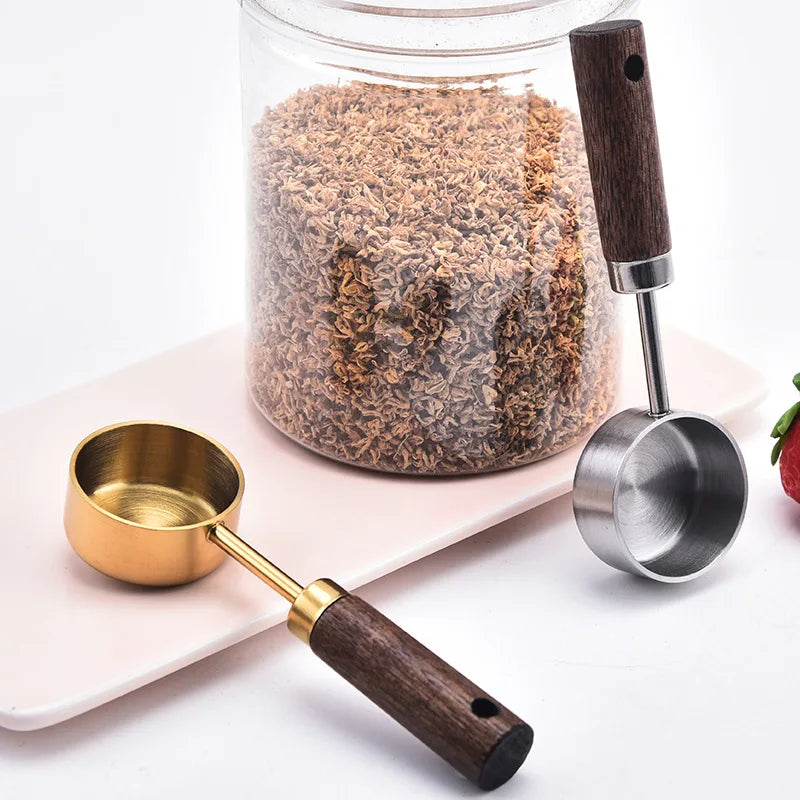 Cuchara medidora de acero inoxidable de 15 ml, cuchara de café con mango de madera para azúcar, polvo, granos de café, utensilios de cocina.