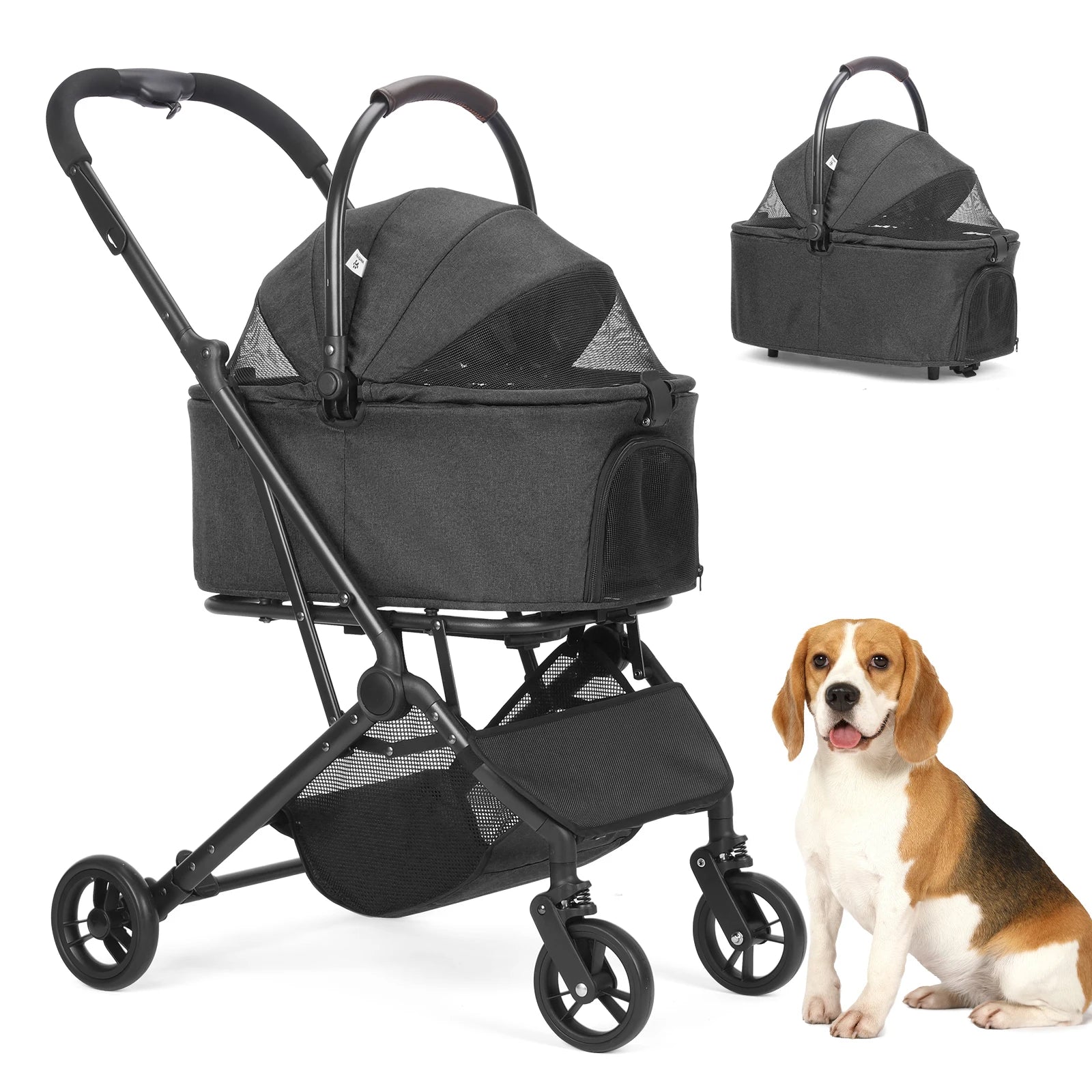 Cochecito de perro 3 en 1, con marco mejorado, cochecito para mascotas de hasta 20 kg con bolsas y dispensador de excrementos para perros, entrada sin cremallera, cesta de almacenamiento y