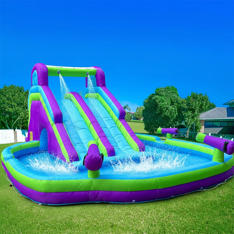 Tobogán acuático hinchable doble  Tobogán acuático hinchable de gran calidad con piscina para adultos y niños Incluye soplador Juego acuático para exteriores