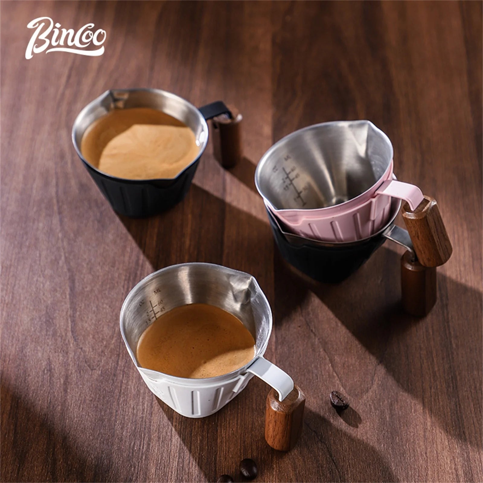 Vaso medidor de espresso profesional Bincoo, 90 ml, doble boquilla con mango de madera y escalas en ml/oz para control a nivel barista