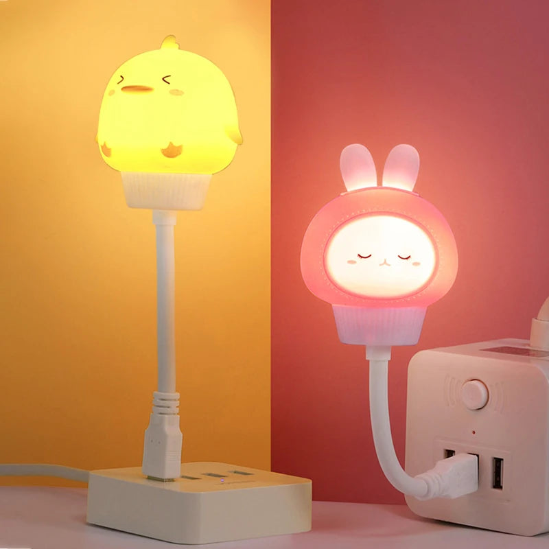 Luz de noche USB LED de dibujos animados de animales tiernos, lámpara de noche de oso, pollito, gatito para decoración de dormitorio de bebé, lámpara de mesita de noche