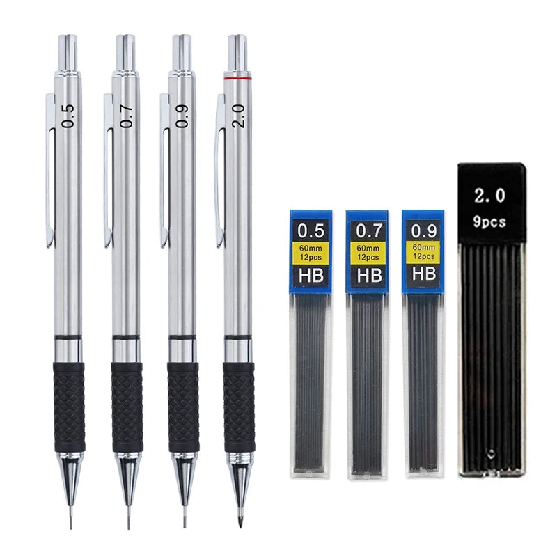 Juego de portaminas metálicos con empuñadura, minas, suministros de oficina para estudiantes, dibujo artístico, portaminas automático de 0.5/0.7/0.9/2.0 mm