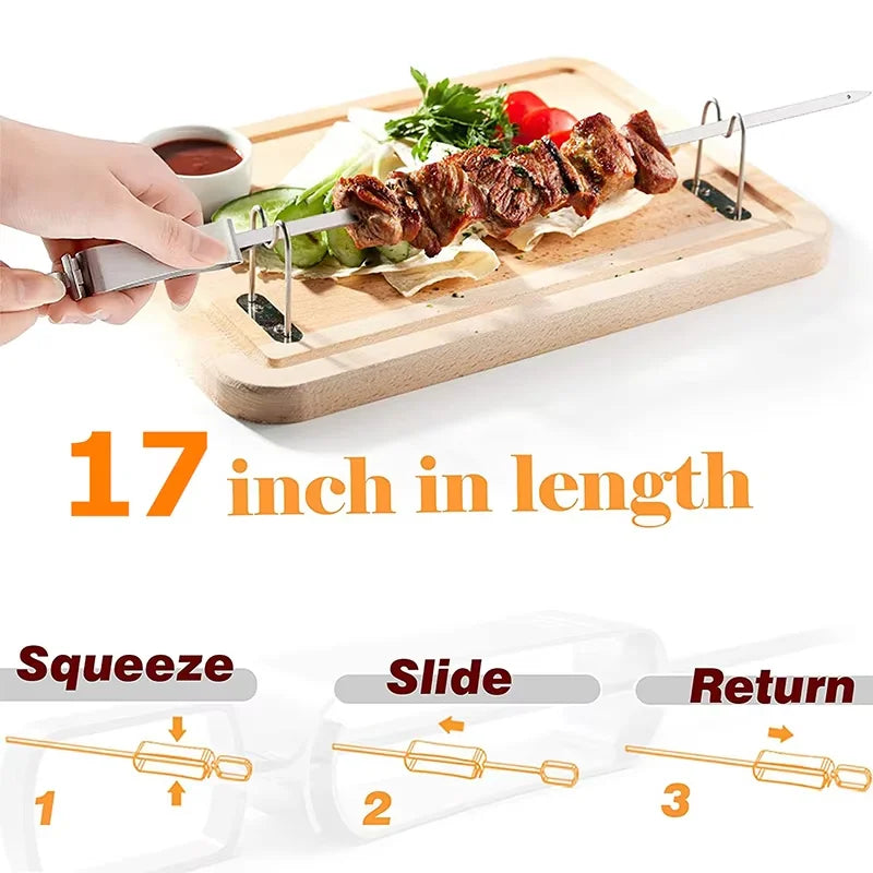 6 pinchos para kebab para parrilla, brochetas planas de acero inoxidable con mango metálico deslizante de liberación rápida YY085