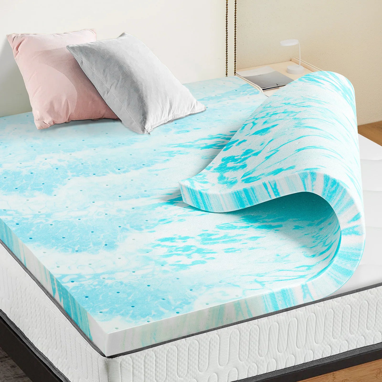 JHK Topper de colchón de espuma viscoelástica de gel de 2-3 pulgadas tamaño matrimonial, colchón refrescante, suave y transpirable, muebles para dormitorio escolar
