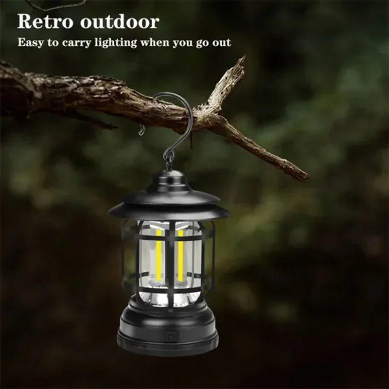 Paquete de 2 farolillos de camping recargables por USB, alimentados por batería, luz retro para camping, resistente al agua, lámpara LED colgante para tienda de campaña para senderismo y pesca