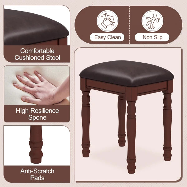 Tocador con espejo de ángulo ajustable, juego de mesa de maquillaje vintage y taburete acolchado con