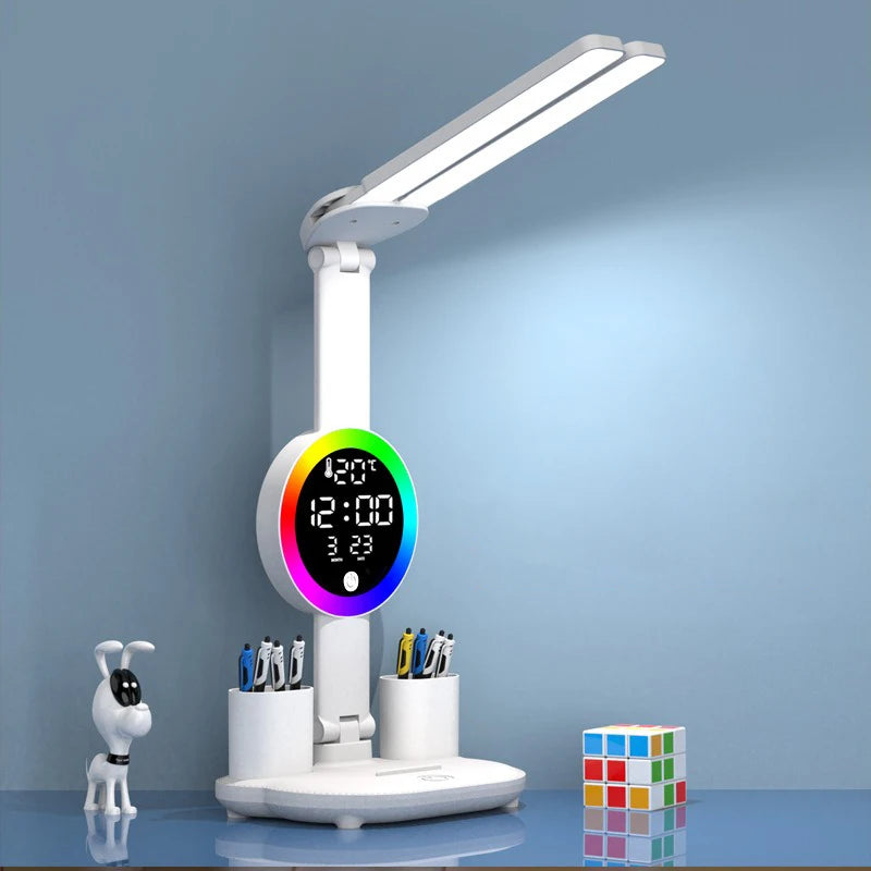 Lámpara de mesa LED recargable para estudio, luz de lectura, luz nocturna LED con ventilador, reloj LED, luz de escritorio de lectura