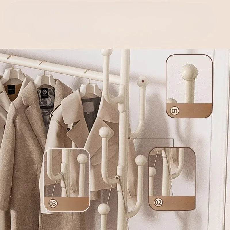 Perchero de pie metálico color crema con ruedas para ropa, sombreros, bolsos, organizador para dormitorio, entrada, pasillo, muebles para el hogar