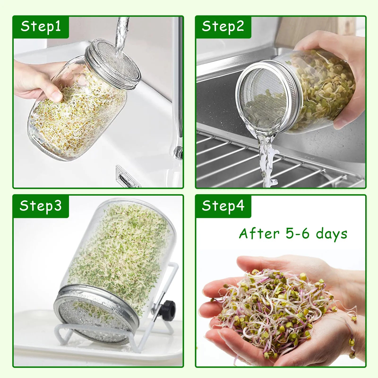 Kit de tarro para germinar semillas, kit duradero para cultivar brotes de frijol de vidrio con tapas de germinación de acero inoxidable, soportes y paños para sombrear