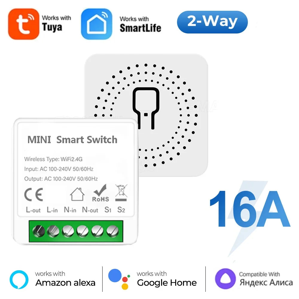 Tuya Mini Interruptor WiFi de 16A, Módulo de Automatización de Casa Inteligente, Control de 2 Vías con App Smart Life, Funciona con Alexa y Google Home