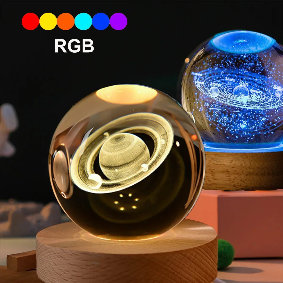 Lámpara de noche de 6cm Tema Solar Serie Cosmos Bola de Cristal Luces Nocturnas Vía Láctea Luna Pequeños Adornos para Escritorio Regalo Creativo RGB