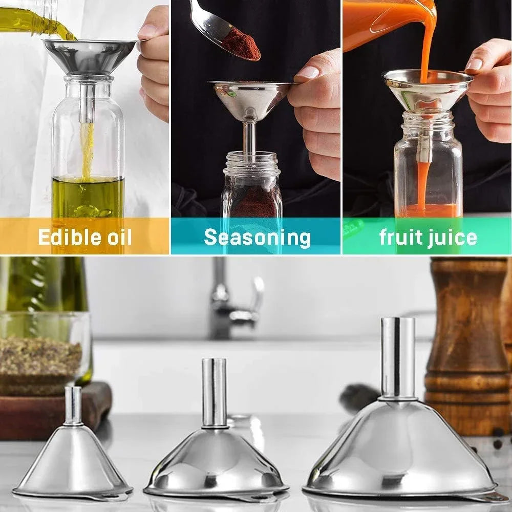 Juego de 3/5 embudos de cocina de acero inoxidable, embudos de metal de grado alimenticio para rellenar botellas, embudos pequeños para aceites esenciales y especias