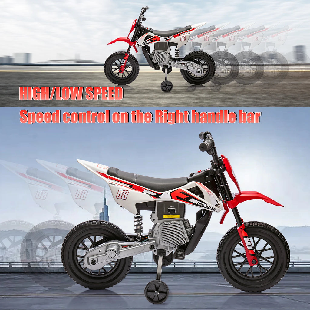 Moto eléctrica de motocross de 12 V para niños con ruedas de entrenamiento, acelerador de puño, velocidad máxima de 3 mph y música