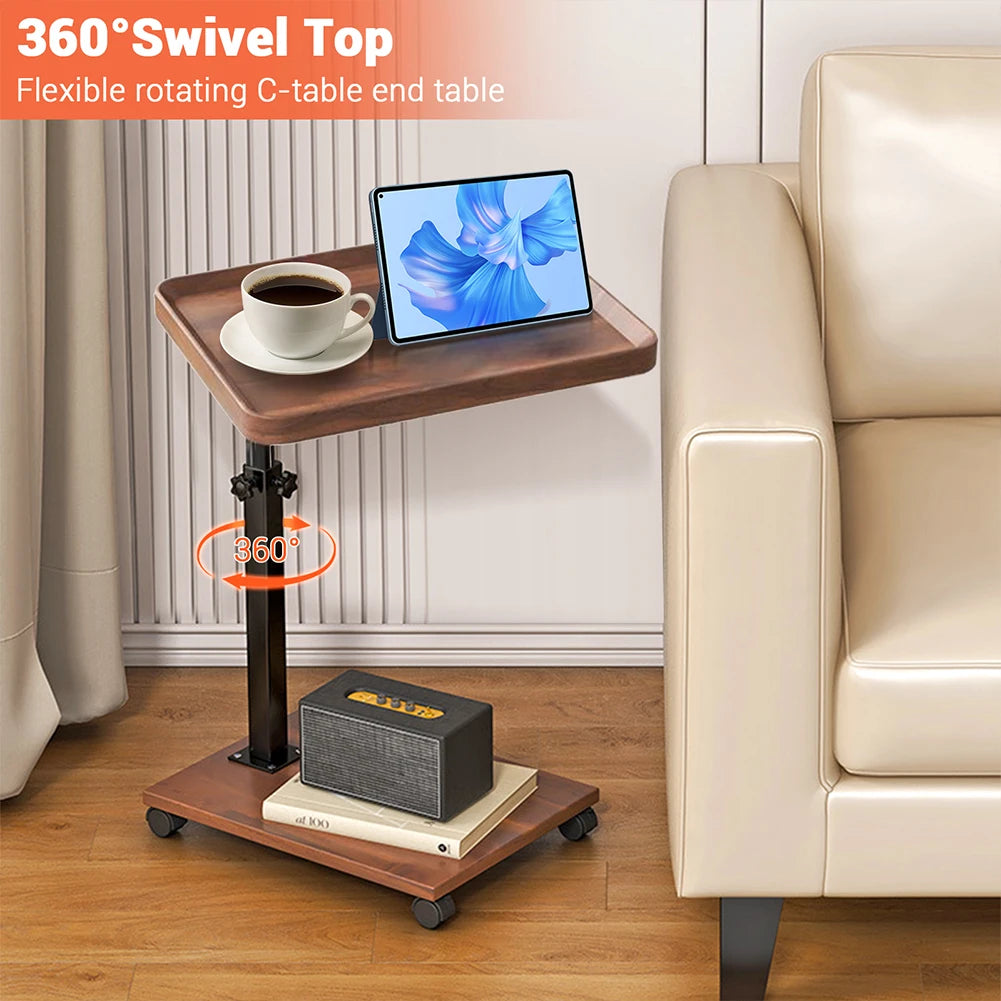 Adjustable C Table With Wheels, 360° Swivel Tv Tray & Storage For Couch, Bed, Living Room, Mobile Locking Snack Table