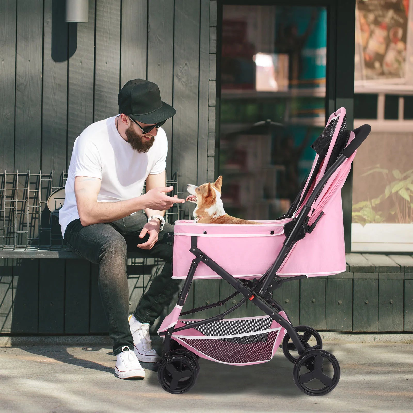 Cochecito para perros, cochecito para mascotas para perros y gatos medianos, con bolsas para excrementos de perro, manillar reversible, correas, cesta de almacenamiento y bolsa