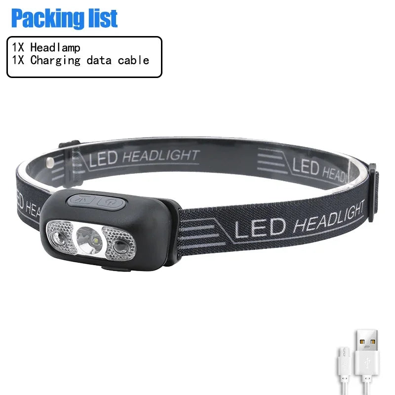 Mini linterna frontal LED, recargable por USB, con sensor de onda, linterna frontal para exteriores, lámpara doméstica para acampar, senderismo, emergencias, pesca