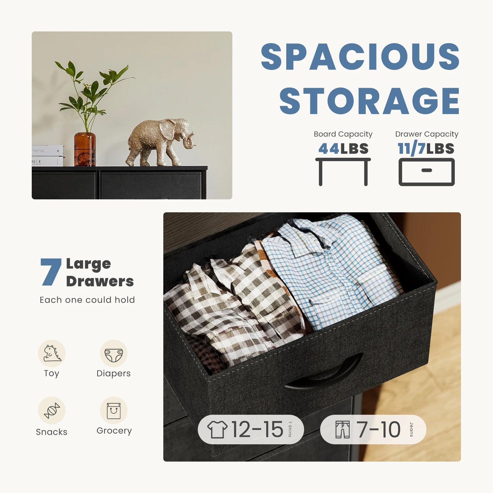 JHK Cómoda para dormitorio con 7 cajones de tela Organizador de almacenamiento Armario Cofre Ropa para sala de estar Vitrina de muebles