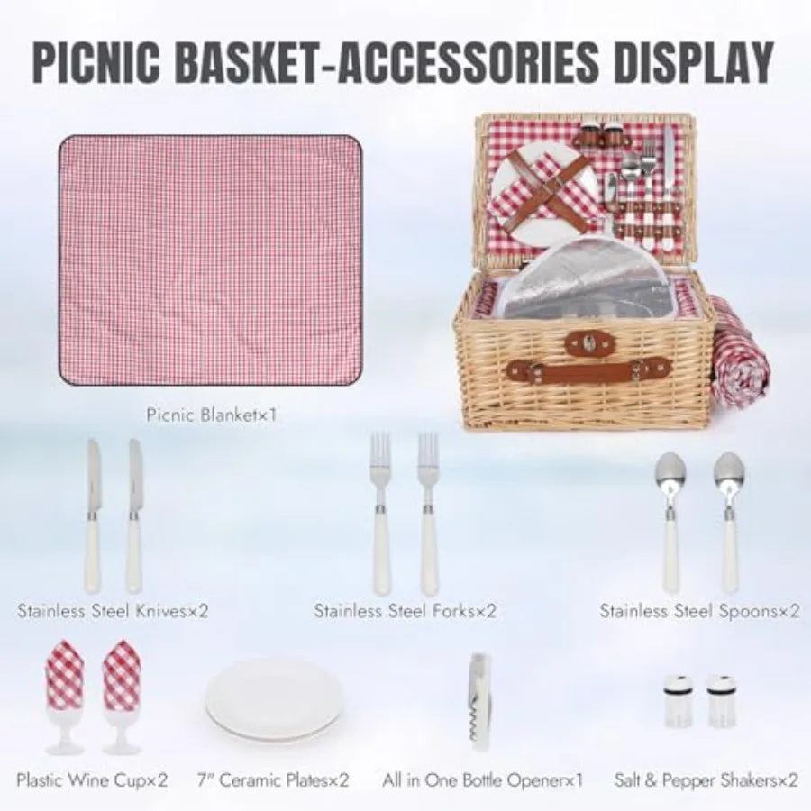 Cesta de picnic para 2 personas - Cesta de picnic de mimbre con manta impermeable y forro térmico, cesta grande de sauce hecha a mano con cu