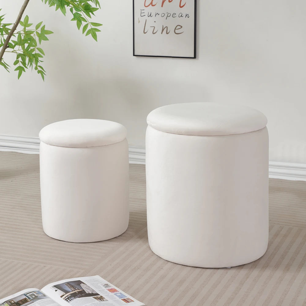 Juego de otomanas de almacenamiento de terciopelo - Banco redondo tapizado con tapa extraíble, taburete multifuncional para sala de estar o dormitorio
