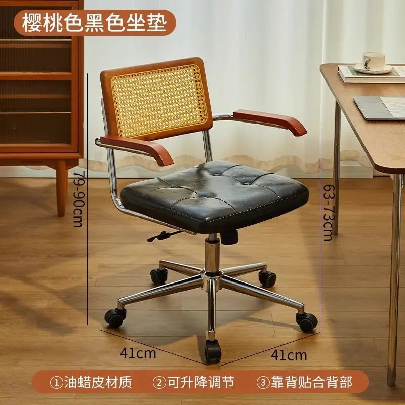 Silla de oficina de ratán de madera maciza, silla de ratán retro estilo celebridad de internet, silla de ordenador, silla giratoria elevable para el hogar, silla de estudio para estudiantes