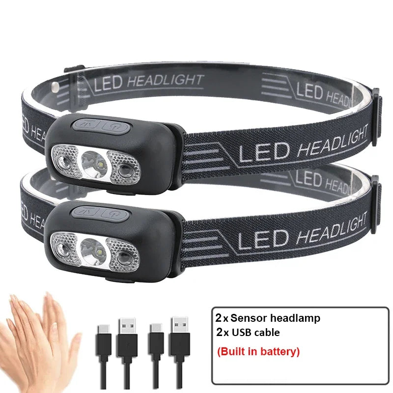 Mini linterna frontal LED, recargable por USB, con sensor de onda, linterna frontal para exteriores, lámpara doméstica para acampar, senderismo, emergencias, pesca