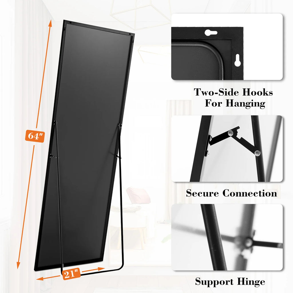 JHK Espejo de cuerpo entero de 64"x21" para pared, de pie, colgante o reclinable con marco de aleación de aluminio para sala de estar