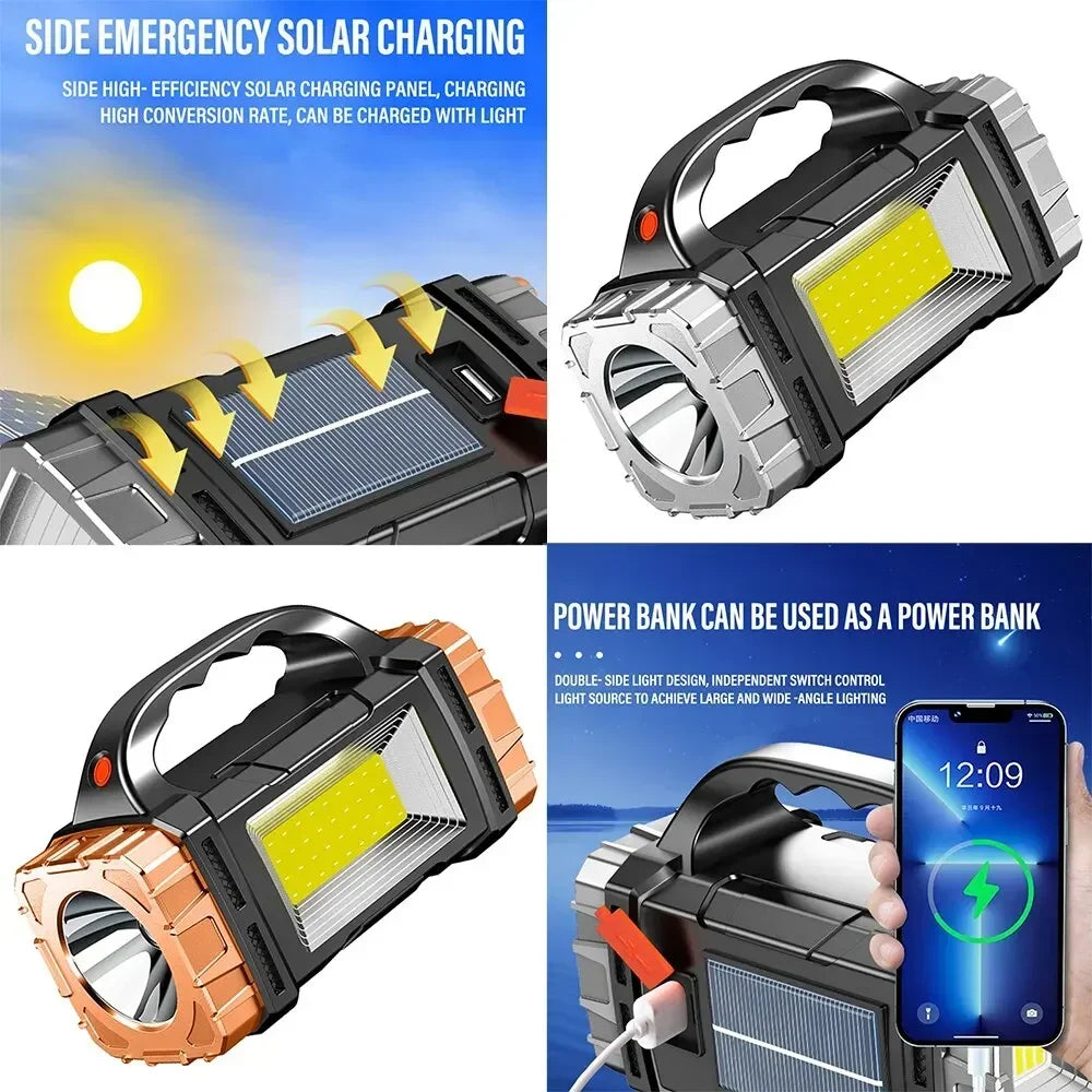 Linternas portátiles potentes recargables por USB con luz LED solar y luz de trabajo COB de 4 marchas para cargar teléfonos móviles y lámparas de camping.