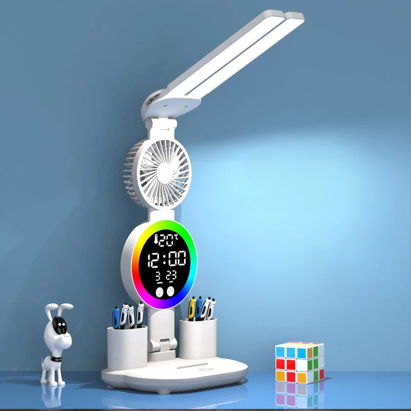 Lámpara de mesa LED recargable para estudio, luz de lectura, luz nocturna LED con ventilador, reloj LED, luz de escritorio de lectura