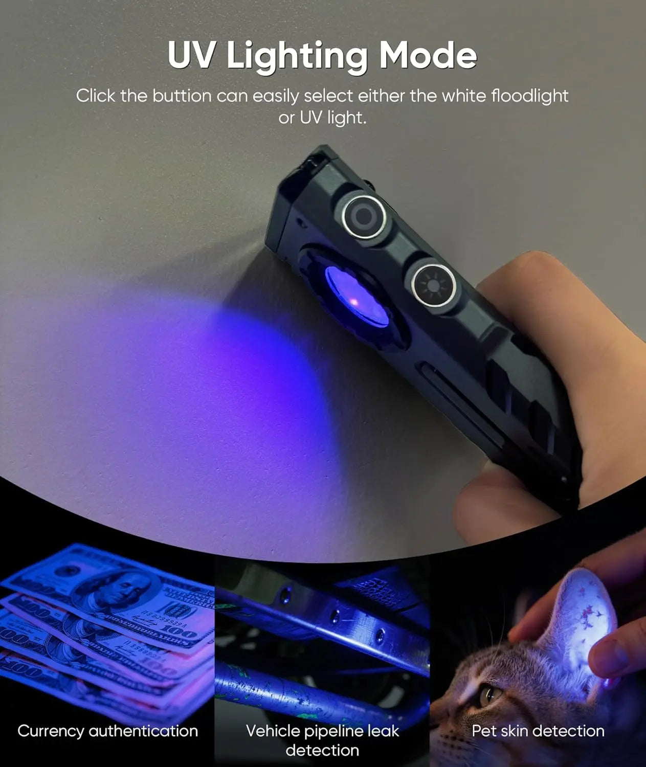 Linterna magnética recargable, 2000 lúmenes con luz RGB y UV para uso exterior