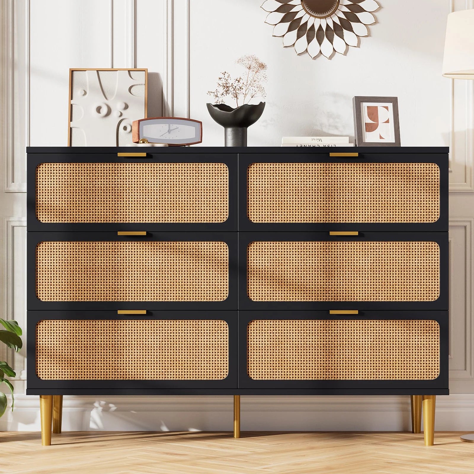 Cómoda de ratán de 6 cajones, cómoda de almacenamiento grande de ratán natural tejido a mano y madera con cajones profundos para dormitorio o sala de estar