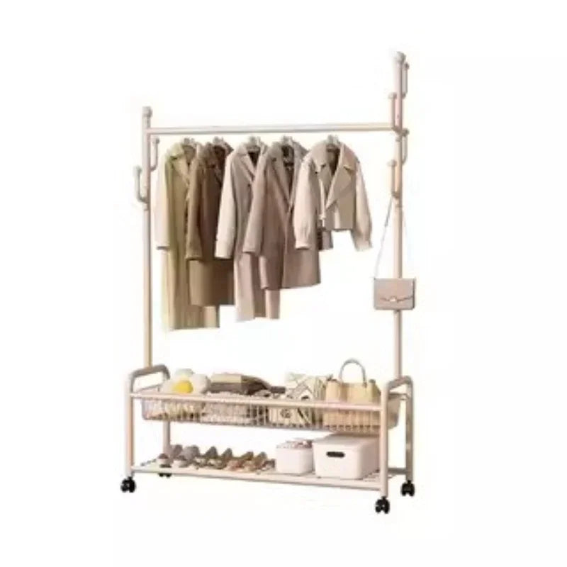 Perchero de pie metálico color crema con ruedas para ropa, sombreros, bolsos, organizador para dormitorio, entrada, pasillo, muebles para el hogar