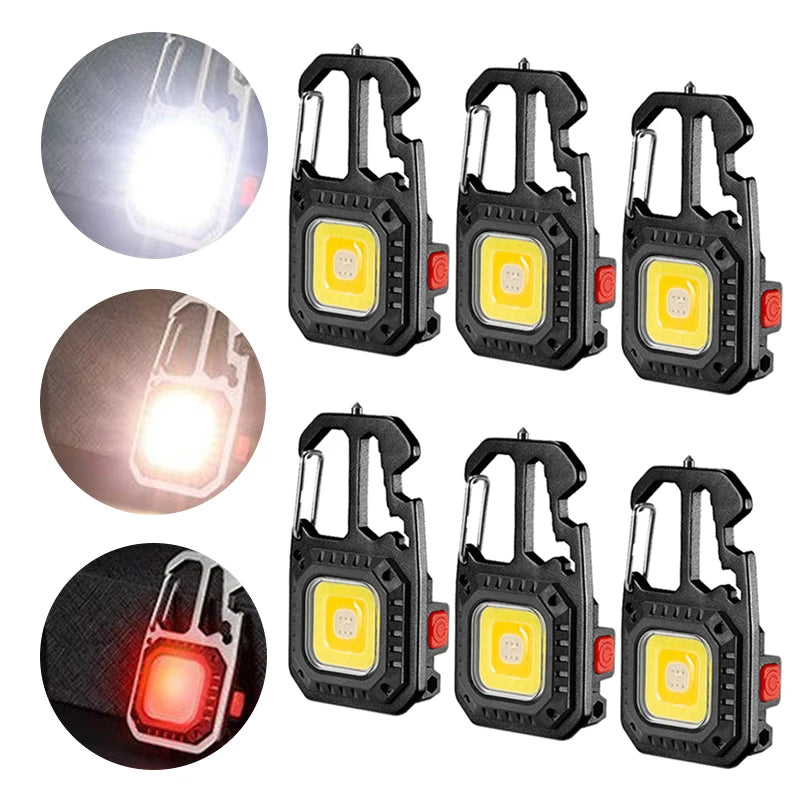 Linterna de trabajo portátil Mini LED tipo llavero Linterna de bolsillo recargable por USB Lámpara de camping al aire libre con martillo rompeventanas abridor de botellas