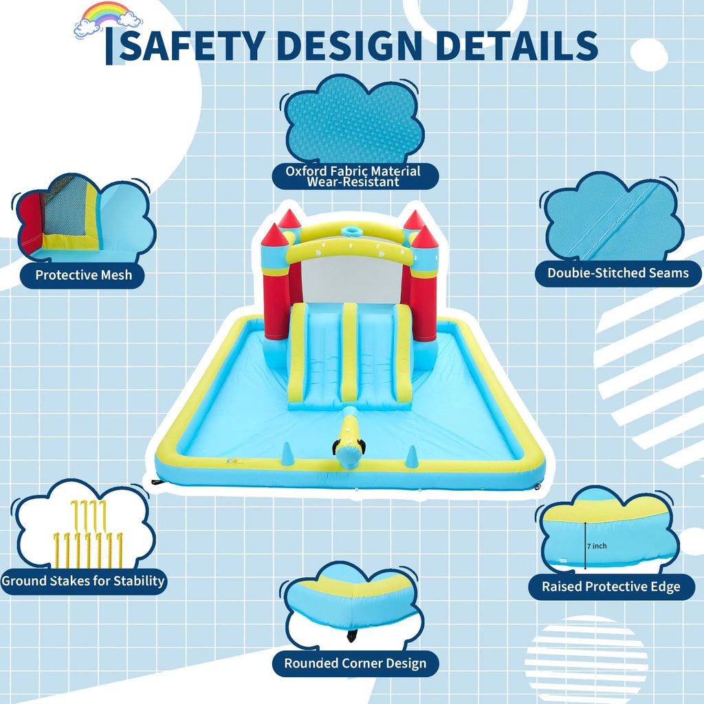 Castillo Hinchable de 15x11 pies con Soplador de 450W, Tobogán de Agua Húmedo y Seco 7 en 1 para Niños, Castillo Saltador para Interiores y Exteriores, Jardín
