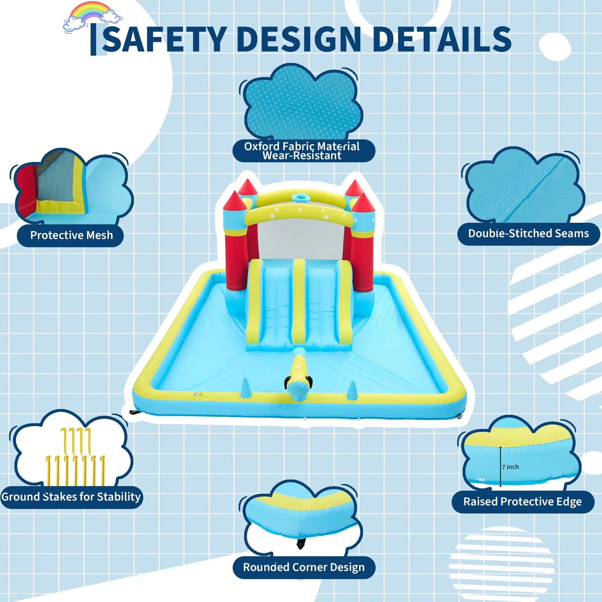 Castillo Hinchable de 15x11 pies con Soplador de 450W, Tobogán de Agua Húmedo y Seco 7 en 1 para Niños, Castillo Saltador para Interiores y Exteriores, Jardín