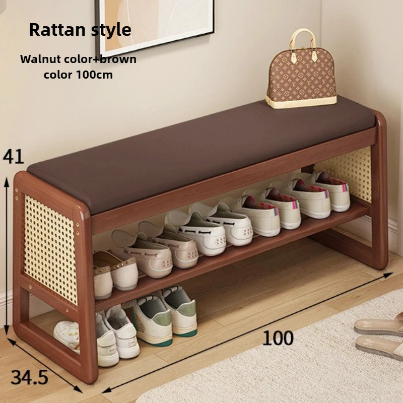 Teng woven shoe changing stool, entrance door, home door, multi-layer storage, solid wood, can sit on shoe stool