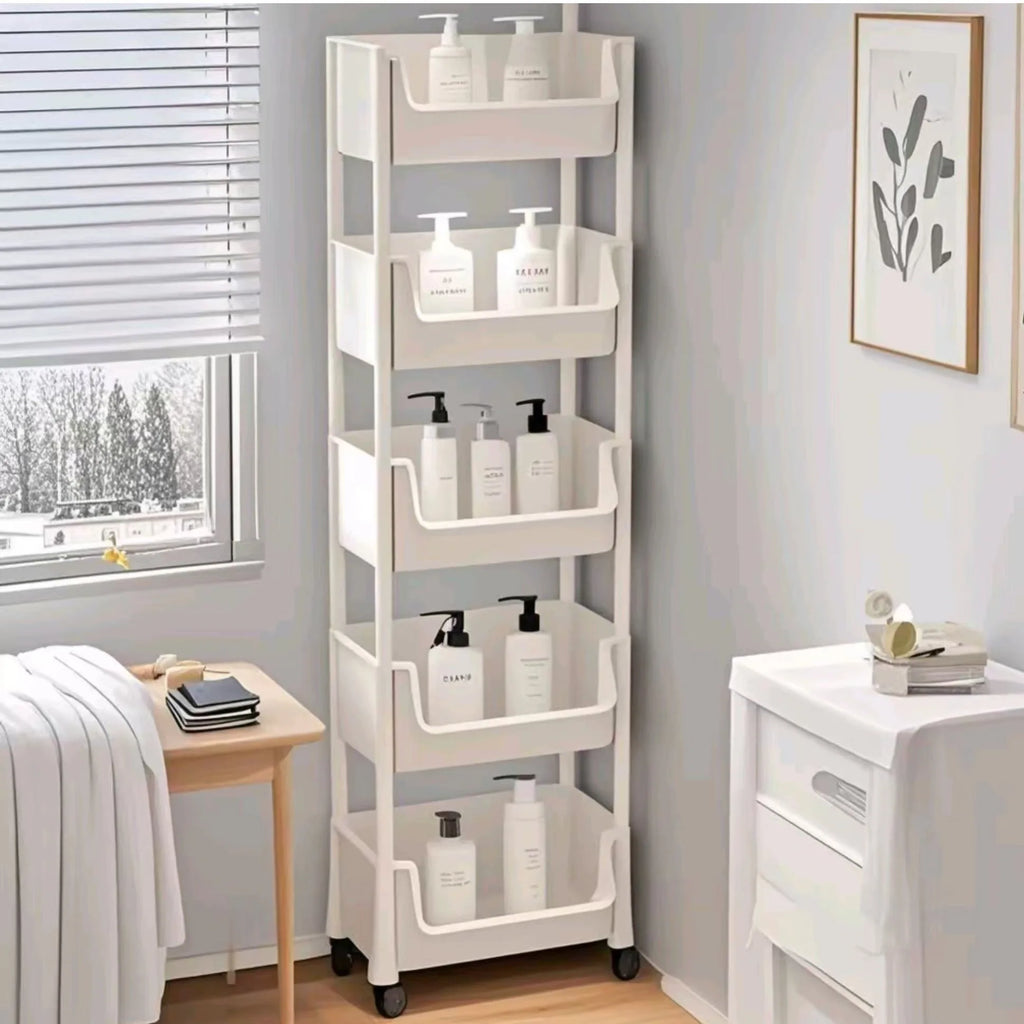Estante de almacenamiento de 5 niveles Carro de almacenamiento Estantería - Estante de almacenamiento móvil con ruedas para sala de estar Dormitorio Estantería para libros
