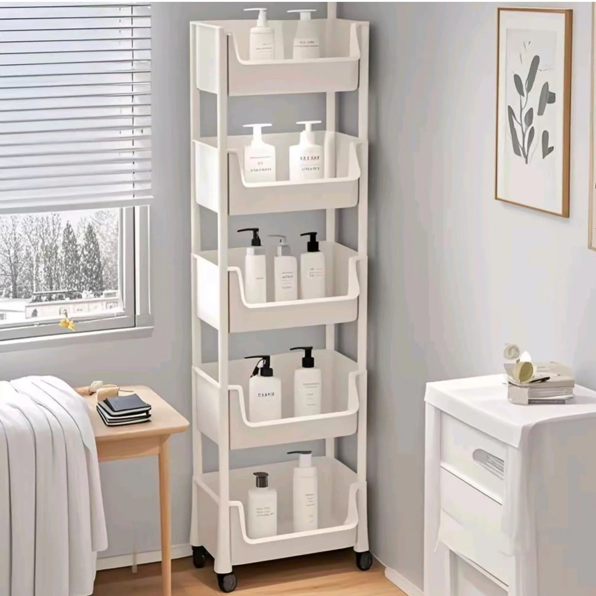 Estante de almacenamiento de 5 niveles Carro de almacenamiento Estantería - Estante de almacenamiento móvil con ruedas para sala de estar Dormitorio Estantería para libros