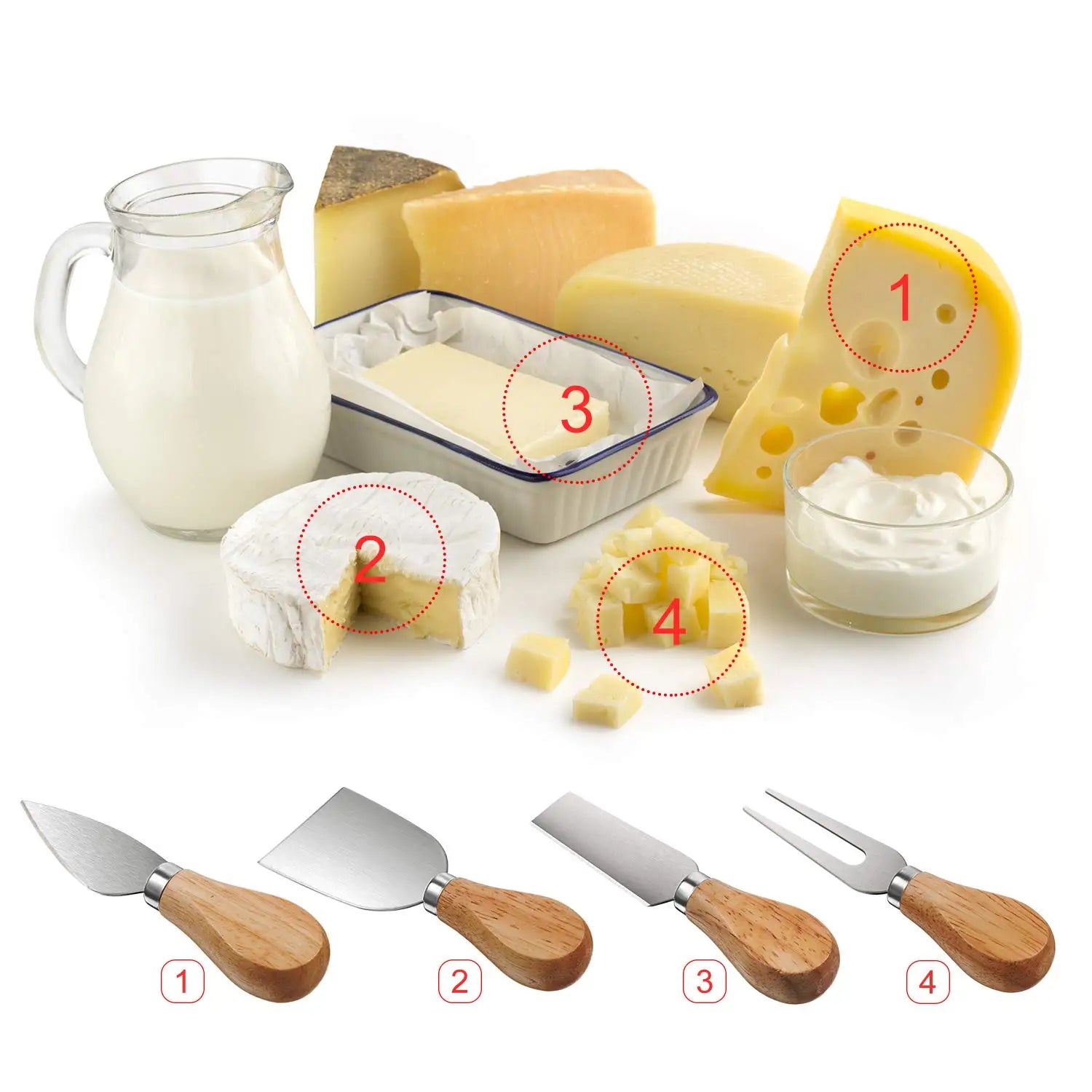 Juego de 4 cuchillos para queso de acero inoxidable con mango de madera, cortador y esparcidor de mantequilla YY062